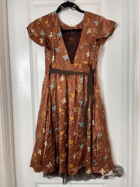 Free People Brown Floral V-Neck Midi Dress with Blue and Yellow Accents